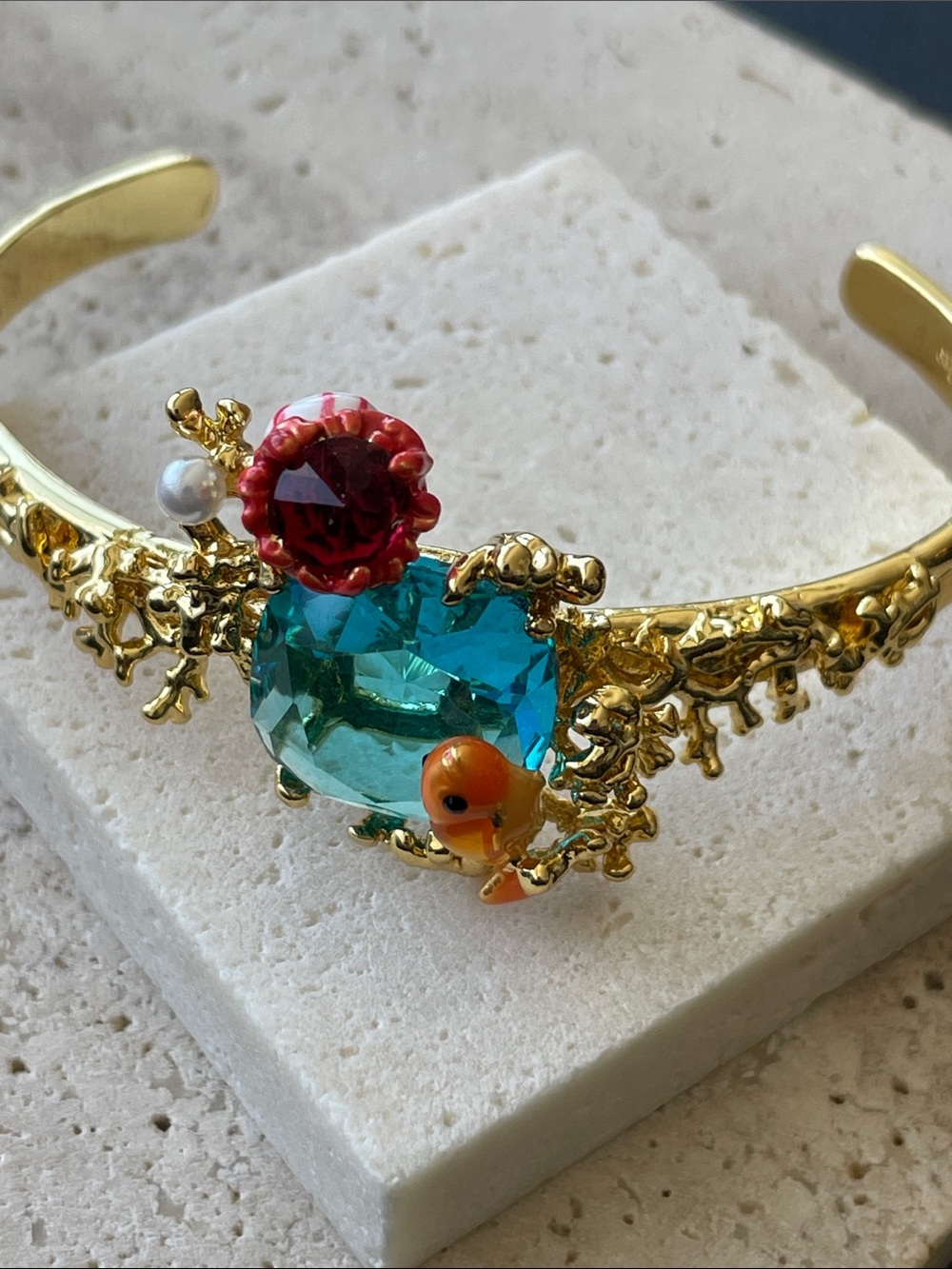 Gold-tone Women's Cuff Bracelet with Teal and Red Crystal Accents